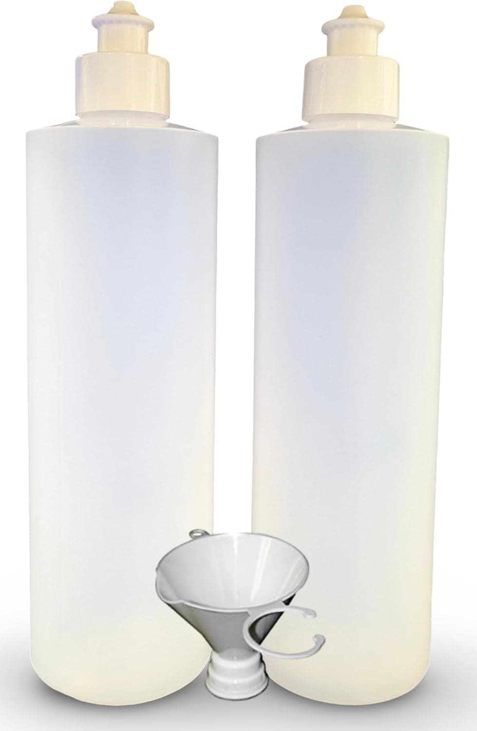 2 Pack Refillable 16 Ounce HDPE Squeeze Bottles With Push/Pull Button Top Dispenser Caps-Great For Lotions, Shampoos, Conditioners and Massage Oils-Includes our patented thread-on funnel