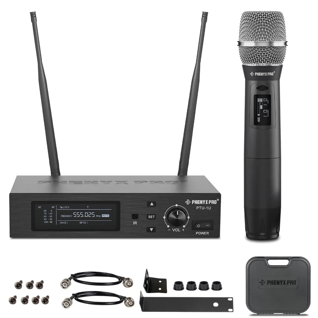 True Diversity Wireless Microphone System w/ 1000 Tunable Channels, Single Cordless Mic Set w/Auto Scan, UHF Professional Dynamic Microphone for Singing, Stage & Studio (PTU-1U)