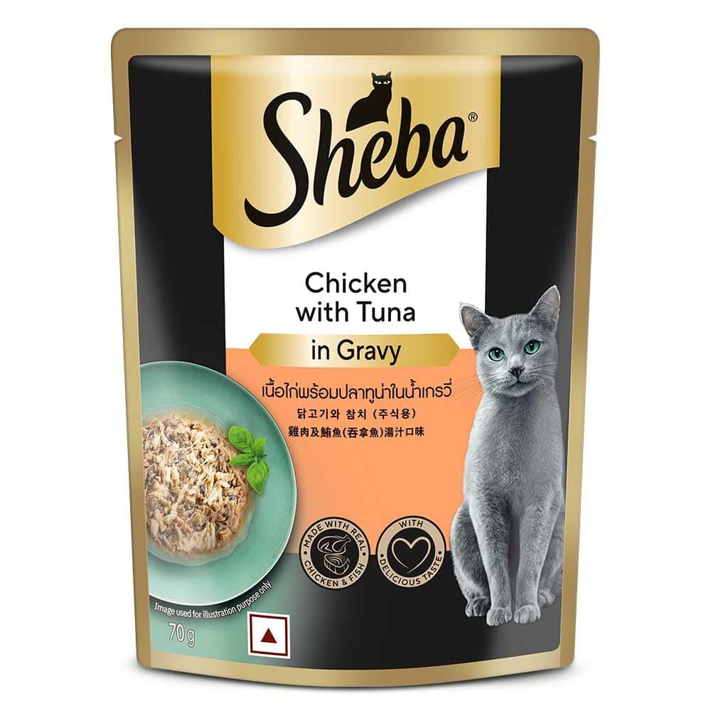 Sheba Fine Premium Adult (1+ Years) Wet Cat Food, Chicken with Tuna in Gravy, 70 g Pouch, High-Moisture Gravy cat Food for Healthy Hydration