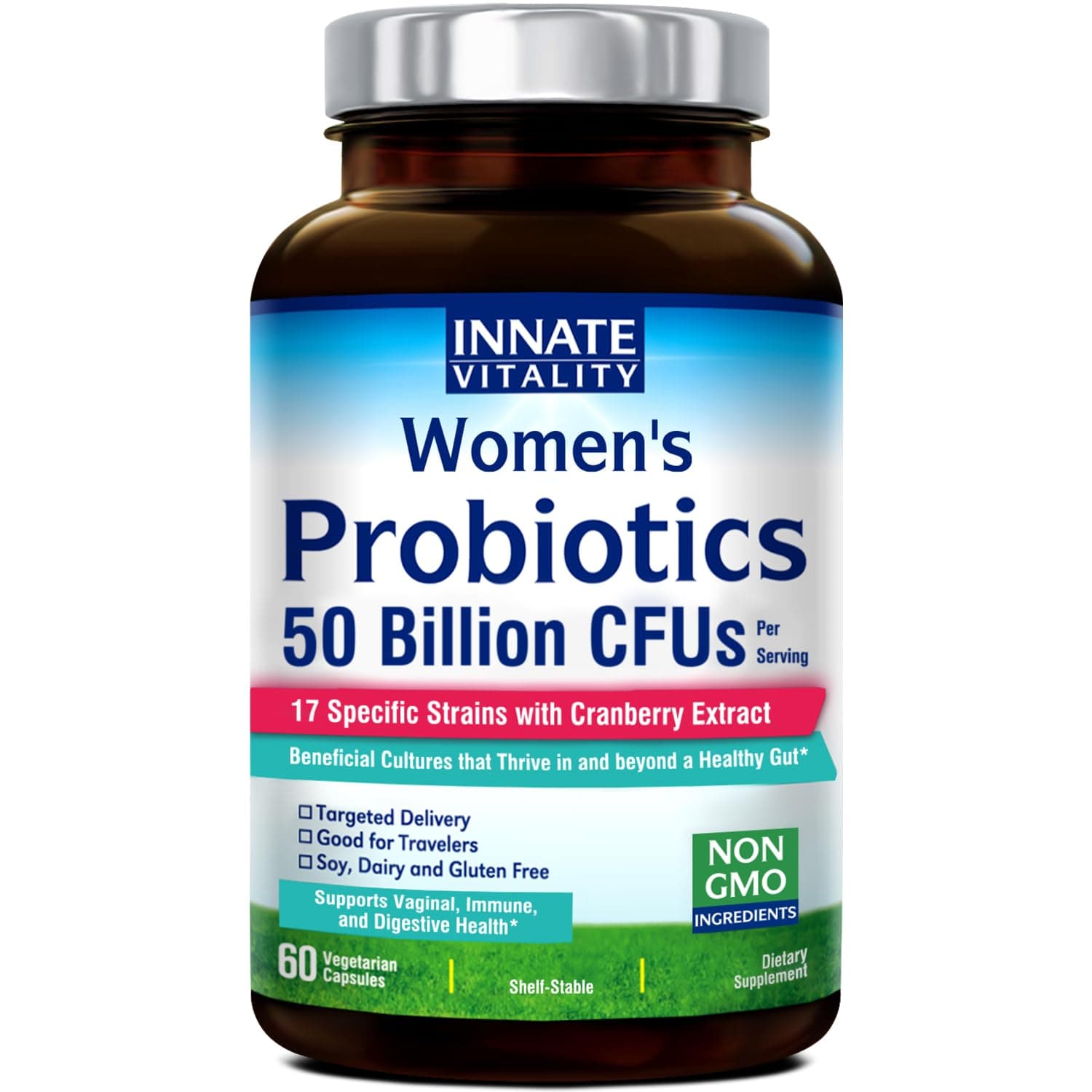 Innate VitalityWomen's Probiotics,50 Billion CFUs,17 Proven Strains, 60 Veggie Caps, Formulated with Prebiotics and Cranberry Extract,Non-GMO, Supports Vaginal, Digestive and Immune Health