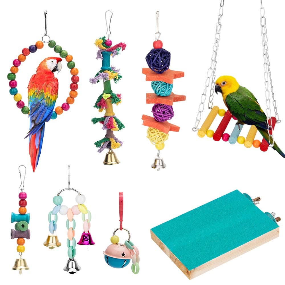 Bird Parrot Toys, Bird Swing Hanging Toy, Bird Cage Toys Hammock Bell Swing Ladder Perch Chewing Toys for Parrots, Parakeets Cockatiels, Conures, Macaws, Love Birds, Finches