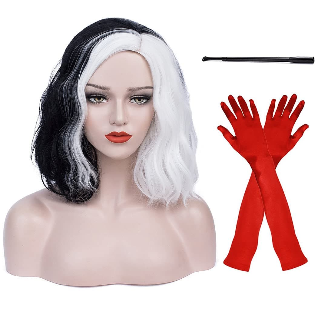 Ruina Black White Cruella Deville Wig for Cruella Deville Costume Women Curly Wavy Wigs for Halloween R019BW
