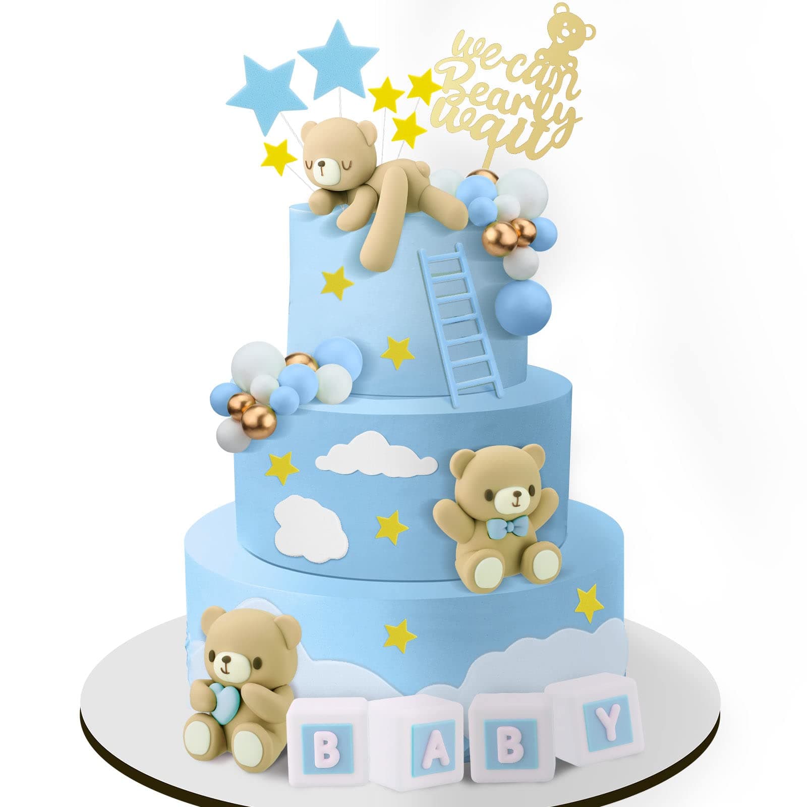 Yinder Bear Cake Toppers Mini Bear Cake Decorations Cake Toppers Gold White Pearl Ball for Birthday Party Decorations(Blue, Brown,Cute Style)