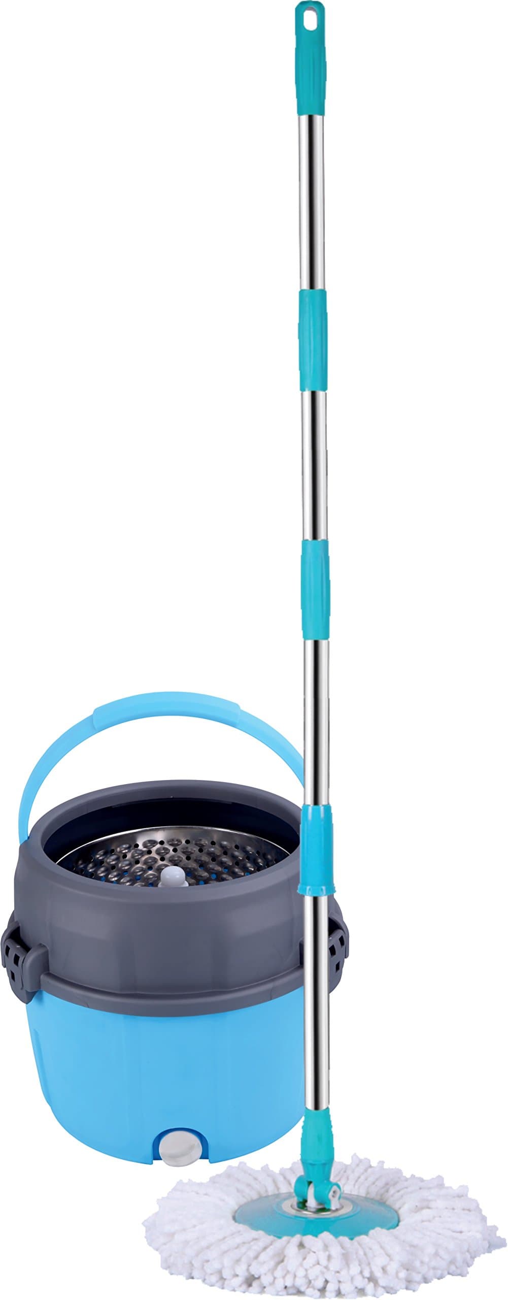 MopDash Space Saving "Extreme" Spin Mop and Bucket, No Foot Pedal Needed. With Extra Mop-Head and Scrub Brush Included. (Stainless Steel)