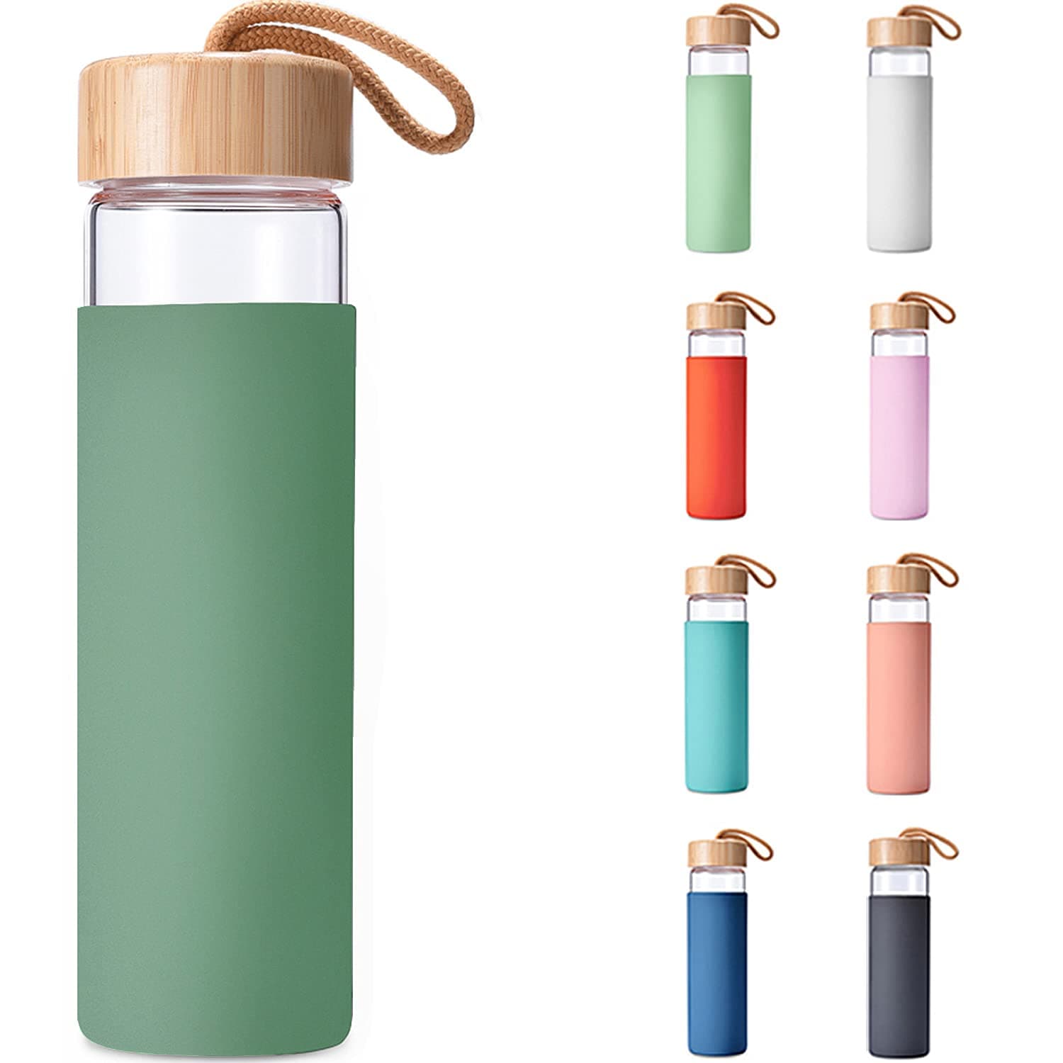 20 Oz Borosilicate Glass Water Bottles with Silicone Sleeve BPA Free, Dishwasher Safe - Reusable Clear Glass Drinking with Leak Proof Bamboo Lid | Perfect Gym Water Bottles for Men & Women