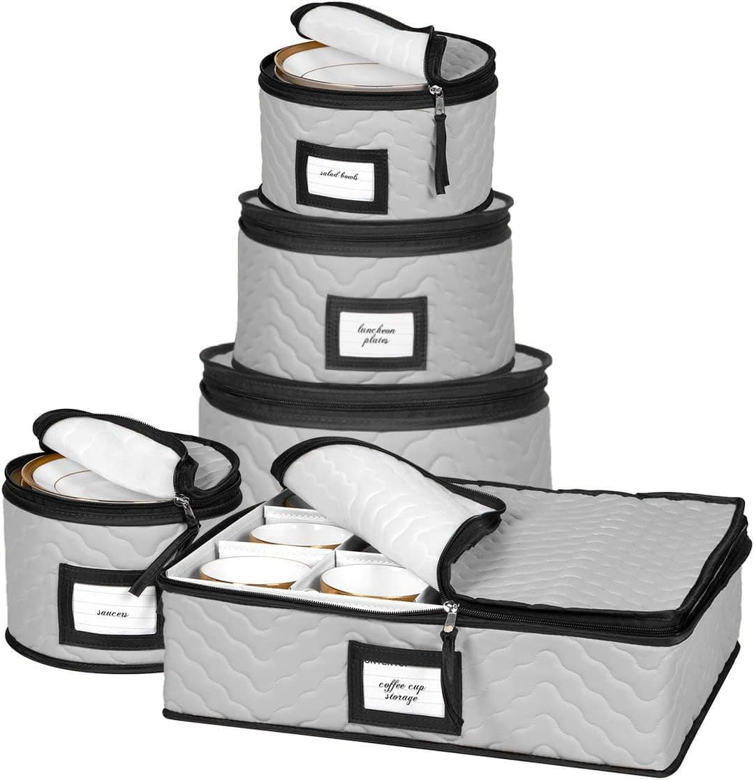 China Storage Containers 5-Piece Set Moving Boxes for Dinnerware, Glasses, Plates, Mugs and Saucers Sturdy Quilted Microfiber Dish Organizer with Dividers for Seasonal Storage - Holds Set of 12, Gray