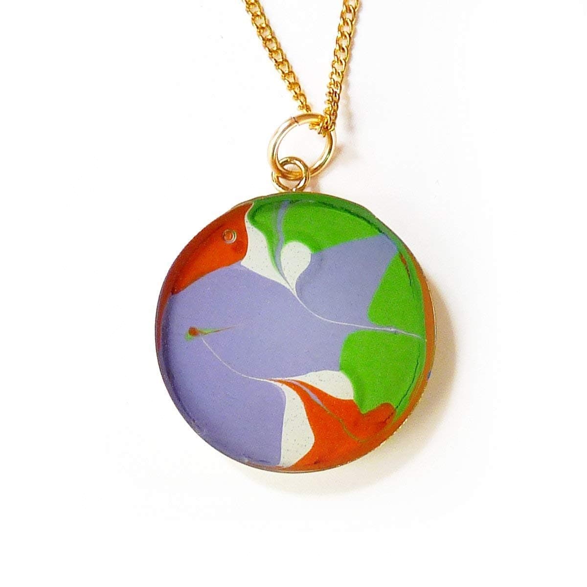 Purple, Green, Gold Hand Painted Handmade Round Pendant Necklace - Acrylic Painting, Bronze & Resin Pendant, Gift for Women - Individually Handmade – Valentine's Day Gift, Gift for Her - Resin Jewelry