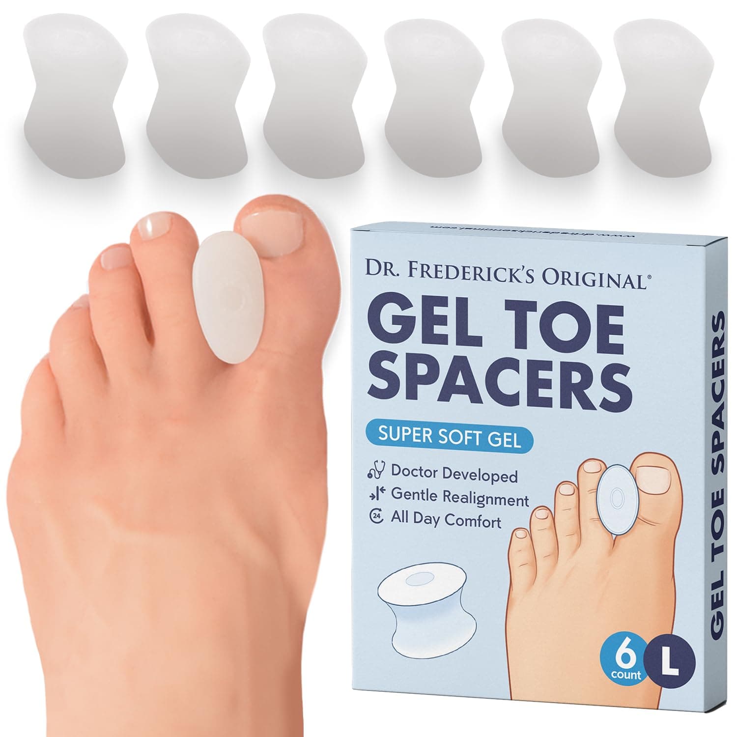 Dr. Frederick’s Original Gel Toe Separators - 6 ct - Soft Bunion Spacers for Overlapping Toes, Gentle Alignment & Foot Pain Relief - Toe Cushion Spacers for Women & Men - Washable & Reusable - Large