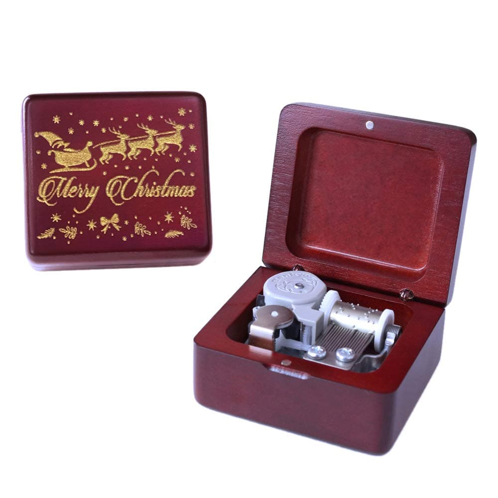 Sinzyo Merry Christmas Music Box Vintage Wood Carved Mechanism Musical Boxs Vintage Gift for Birthday Valentine's Day (Wine red Box-Silent Night Sanlu)