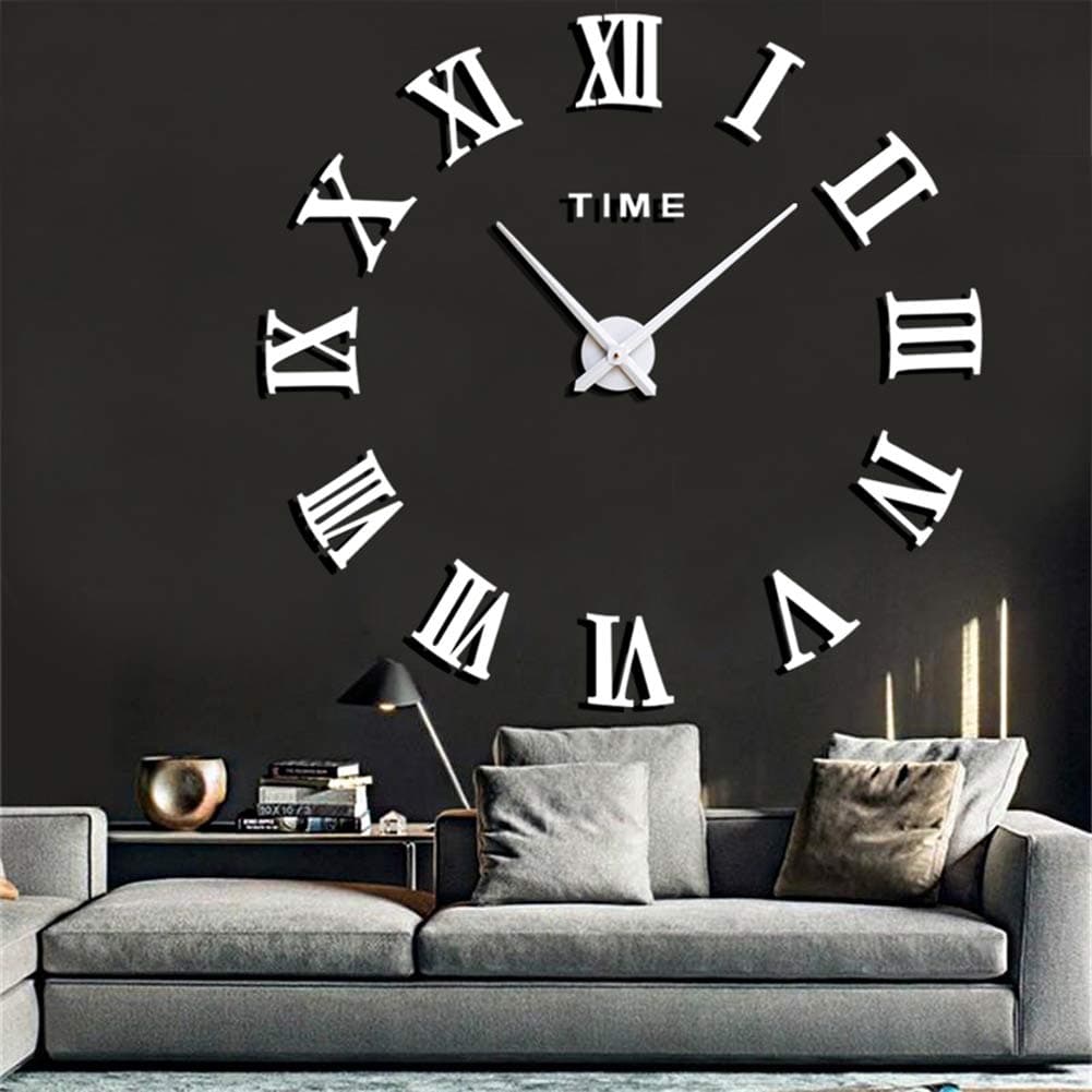 Mirror Surface 3D DIY Wall Clocks Modern Design Room Decorative Large Size Frameless Clock (White)