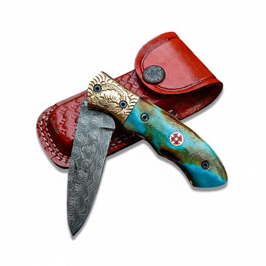 Dessi Handmade damascus steel blade folding knife. Blade length under 3 inches. Legal to carry.1644