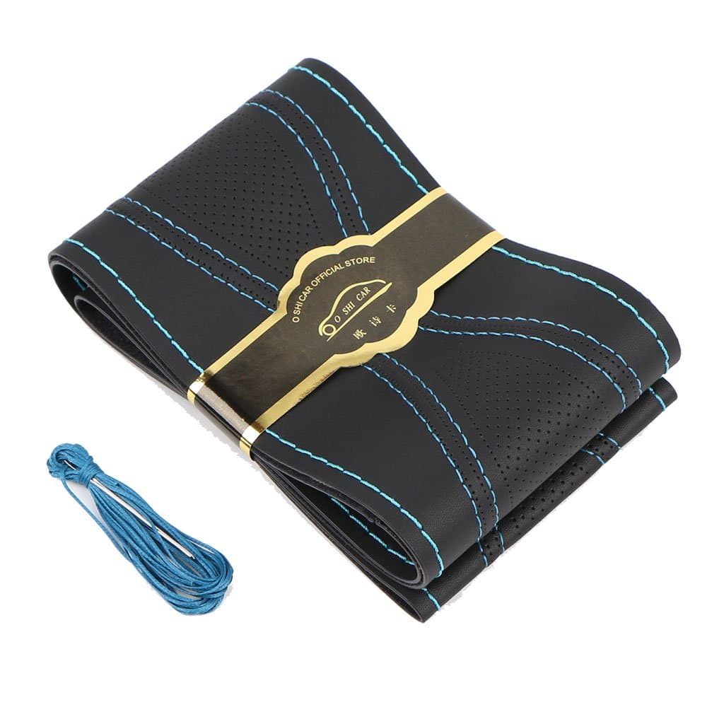 Micro Fiber Leather Car Steering Wheel Cover Stitch On Wrap with Needle & Thread Anti-Slip Auto Steering Cover Tundra 14.1 Inch for Hyudnai IX35 Etc Blue