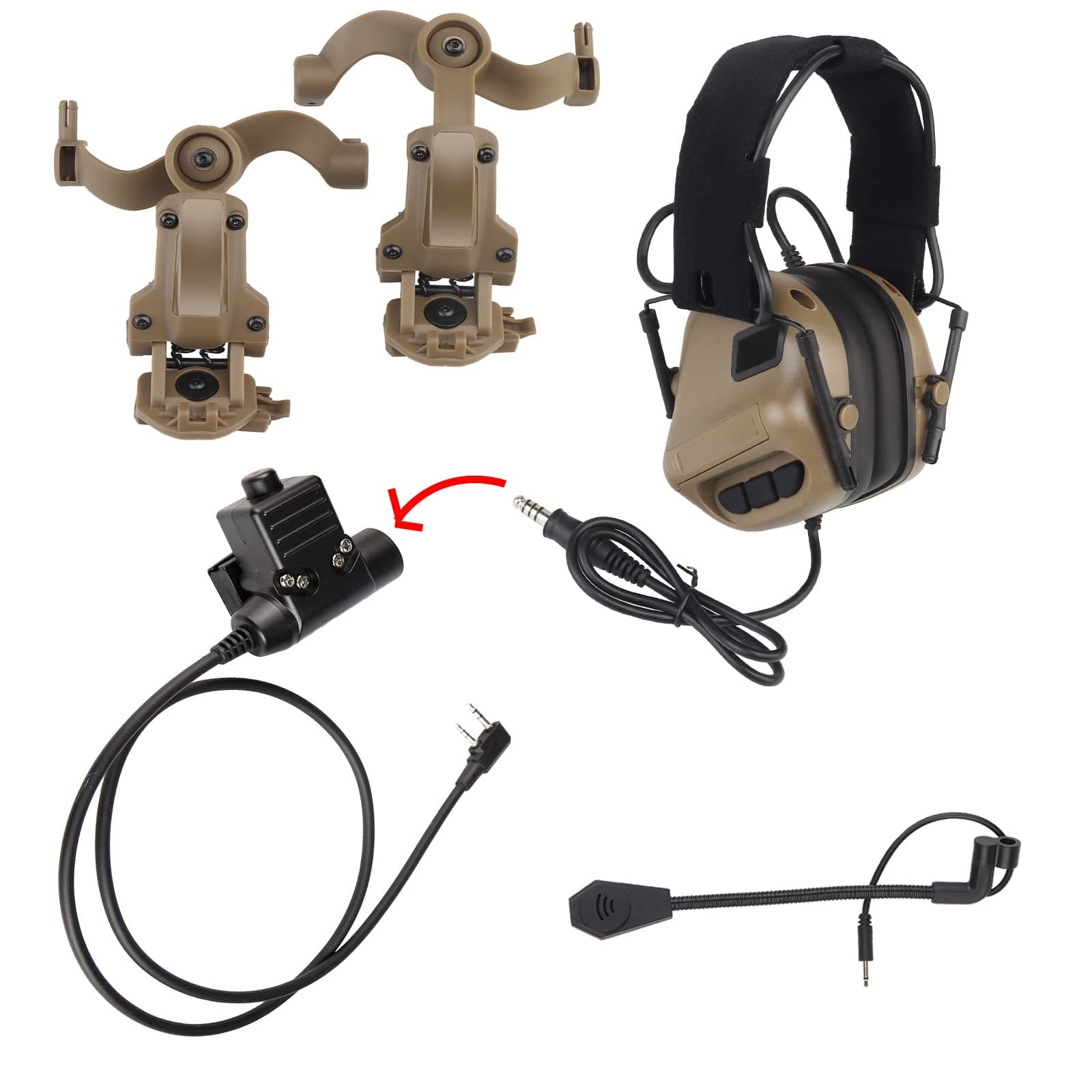 Tactical Shooting Headset + with U94 PTT 2pin with ARC Rail Adapter Noise Reduction & Sound Pickup Ear Protection (Tan)