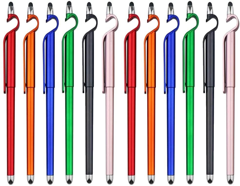 Mobile Stand (Pack 12) for Samsung Galaxy Victory 4G LTE L300 Ballpoint Function Stylus Pen with Mobile Stand Holder Writing Pen Screen Wipe Adjustable Flexible Clip Holder Pen - (BRT.D, Mix)