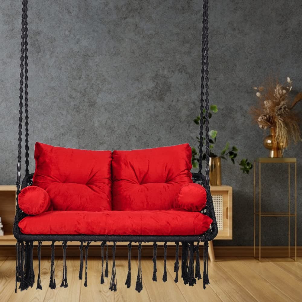 Patiofy Premium Double Seater Hanging Swing/ 2 Seater Swing for Balcony/Double Seater Swing Chair/Jhula with Red Full Body Sitting Cushion & Hanging Kit- Black, Polyester
