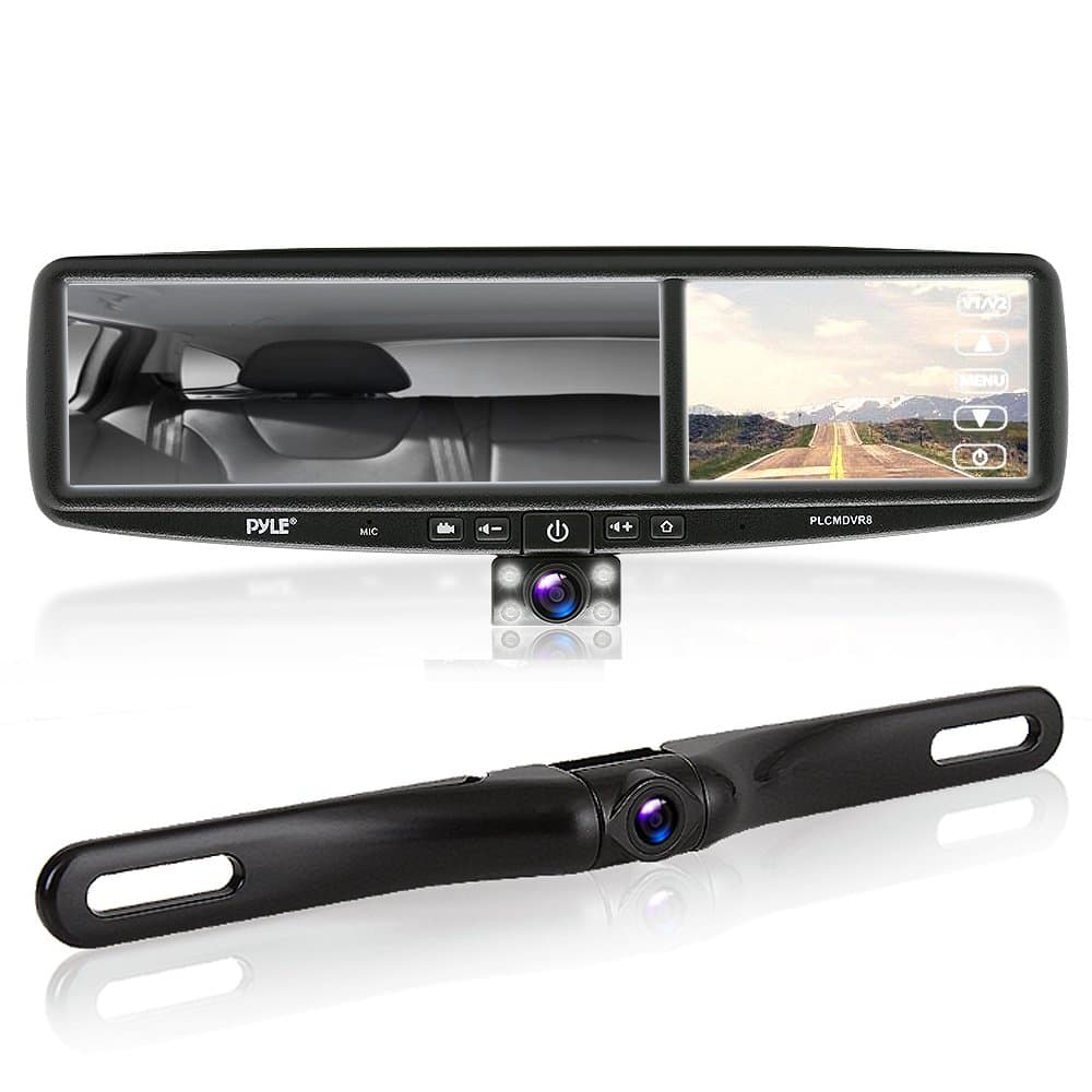 Pyle PLCMDVR8 HD Vehicle Backup System - 4.2" DVR Dual Camera Rearview Mirror Video Recording, Waterproof Night Vision Cam, 1080p