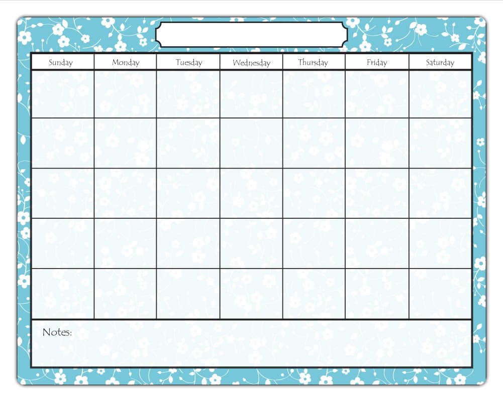 Flowers and Leaves Magnetic Dry Erase Calendar with Notes, Aqua