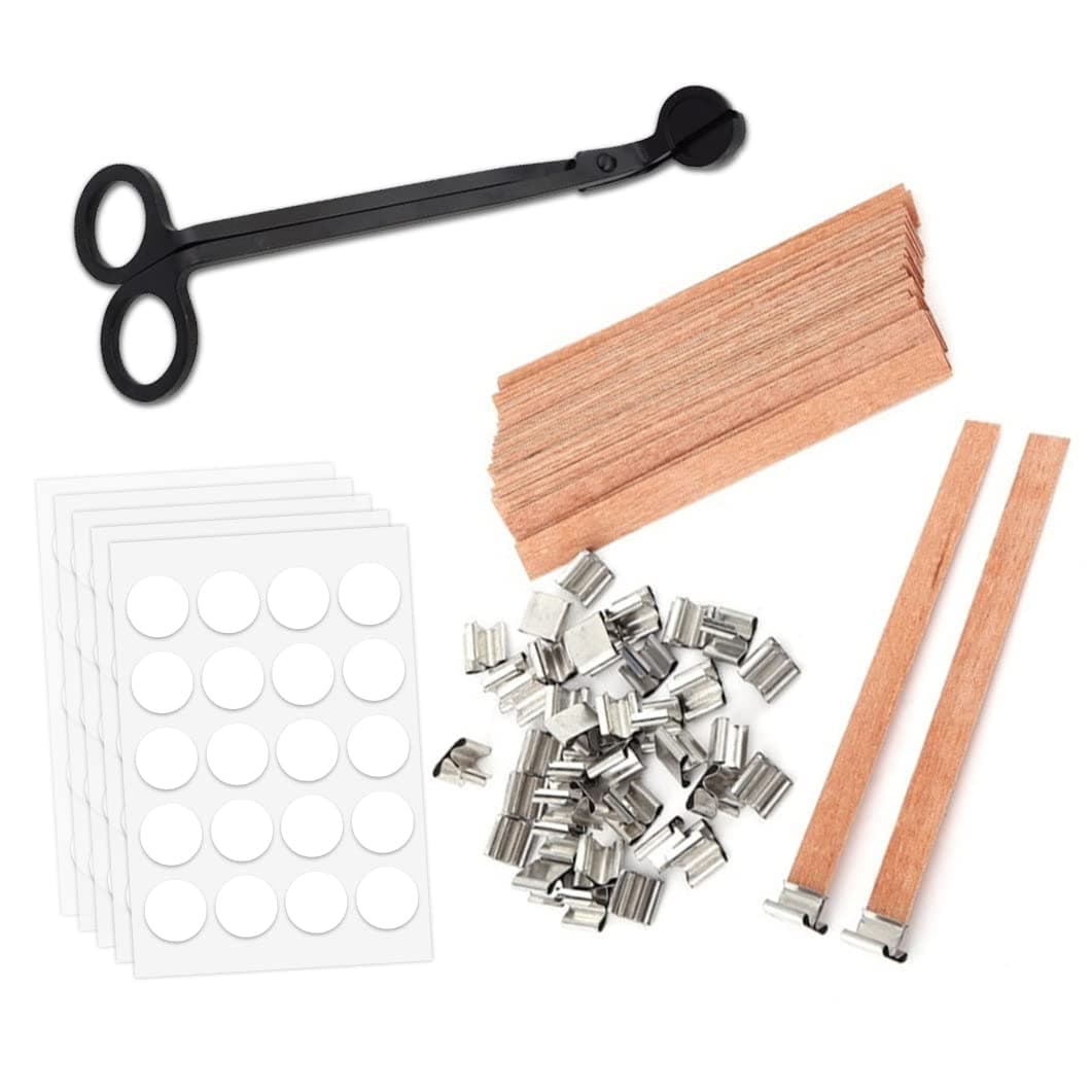 100 pcs 5.1 X 0.51in Smokeless Wooden Wicks with Iron Stand & Candle Wick Trimmer& Candle Wick Stickers for Candle Making