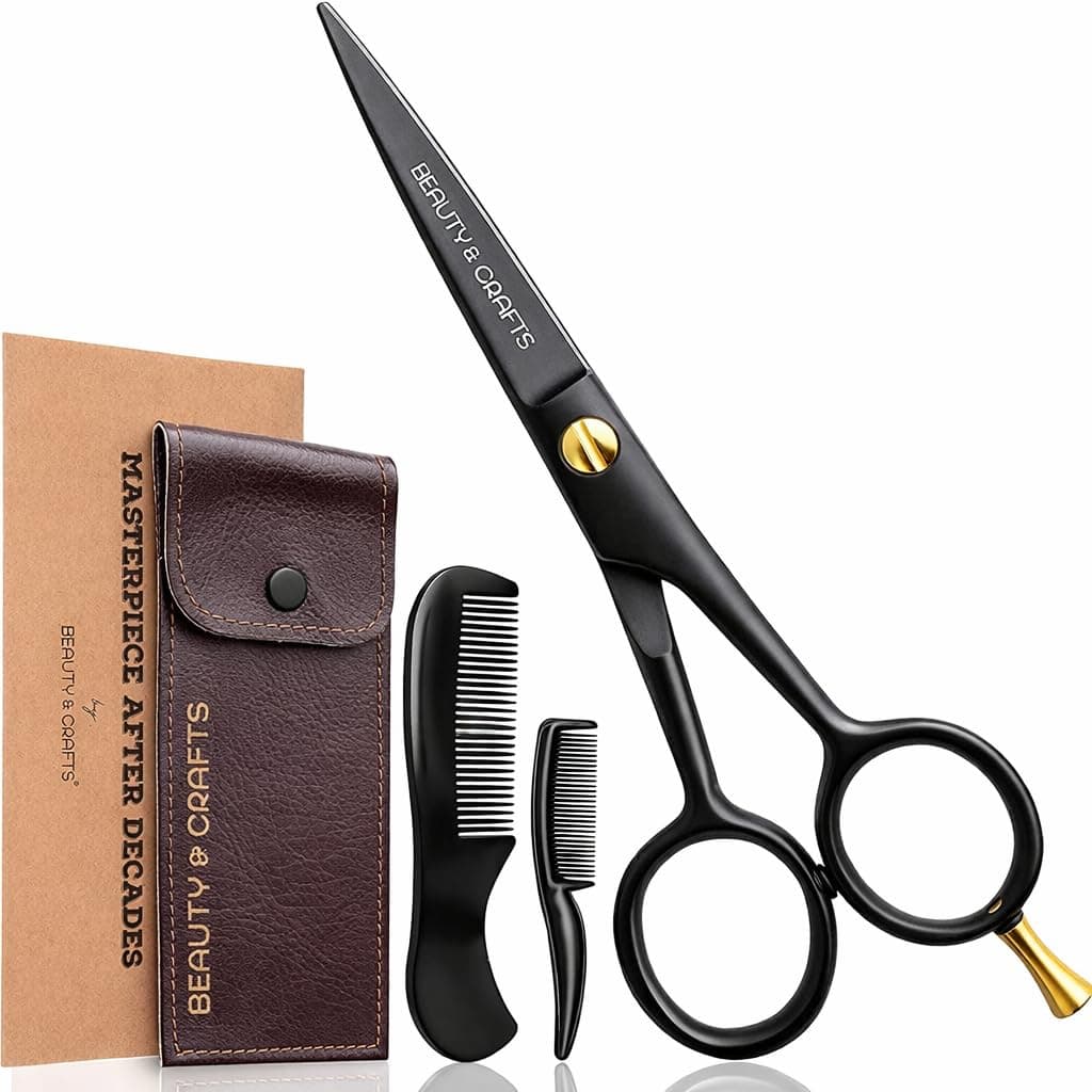 5' German Beard Mustache Scissor- 2 Mustache Combs For Facial Hair with Beautiful Pouch - Beard Trimming Scissors Use For Grooming, Cutting, And Styling Of Mustache (Black)