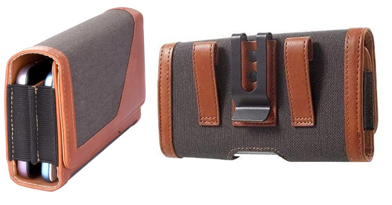 WHITBULL Dual Phone Holster Canvas Belt Pouch Case Cover Compatible with OnePlus Nord CE3 / Nord N30 / Ace 2V / Ace 2 (Brown)