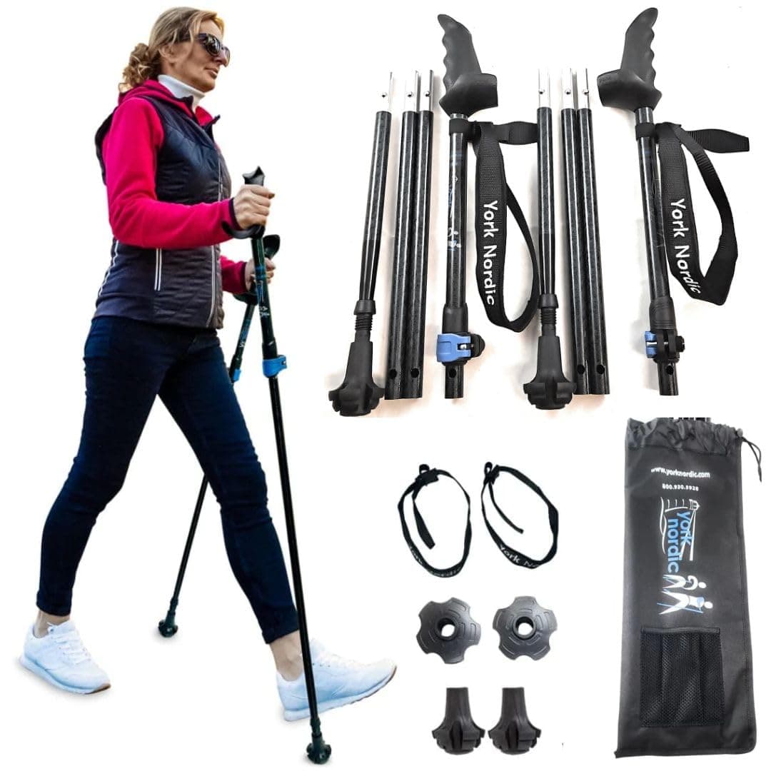 York Nordic Motivator Swift Connect Travel Walking Poles for Balance and Rehab - Patented Stability Grips - Lightweight, Adjustable, and Foldable Includes Detachable Feet and Travel Bag