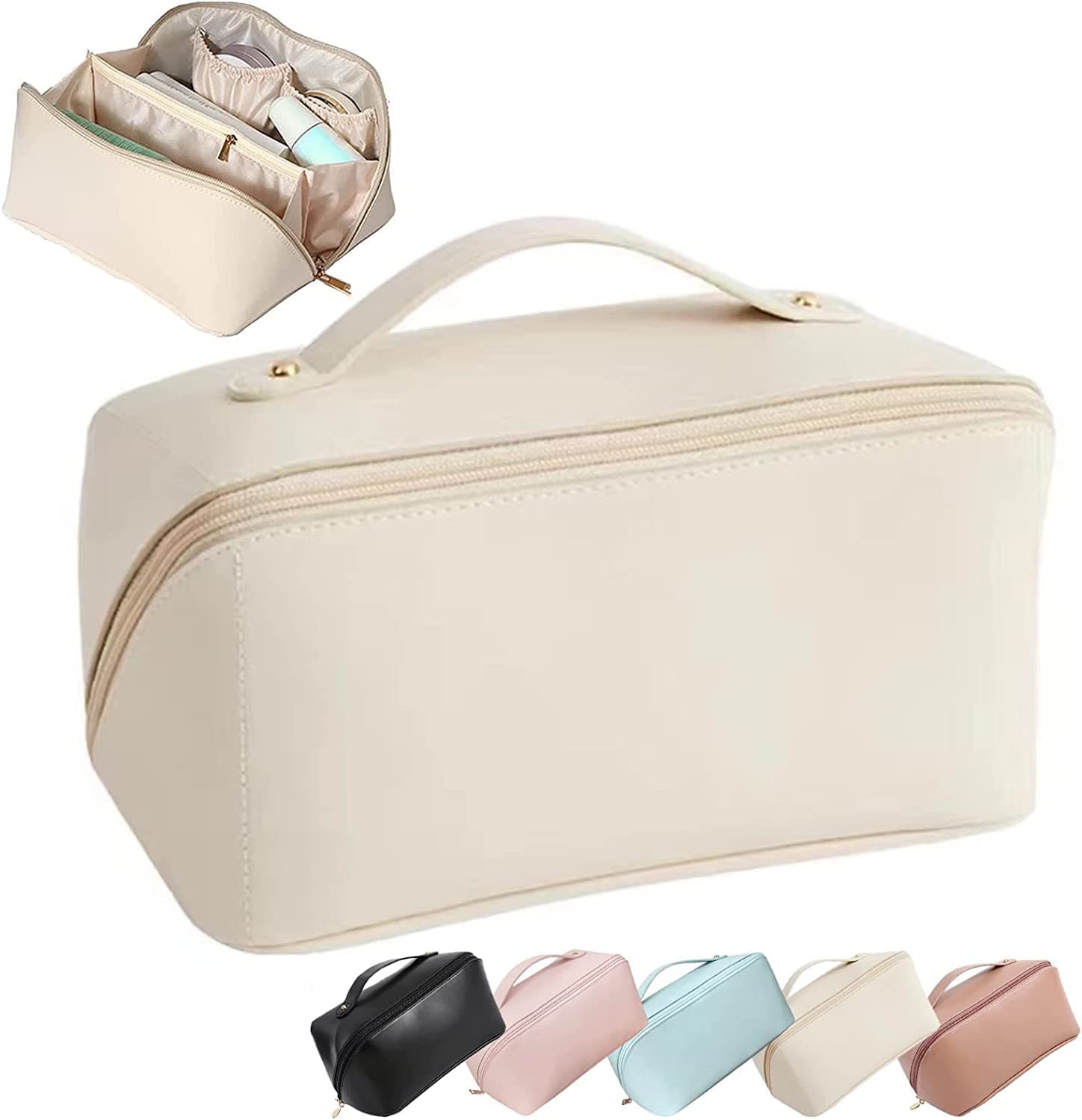Large Capacity Cosmetic Travel Bag, Women's Wide Opening Makeup Portable Leather Storage Organizer Bags with Handle and Divider, (Cream, 12 Cm, Cosmetic Bag)