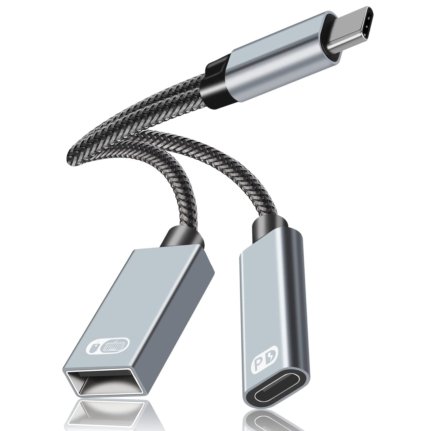 USB C OTG Adapter with Power, USB Type C Splitter with 60W USB C Charging and USB A Female Compatible with Chromecast with Google TV/Samsung S21 S20 S20+ Ultra/Google Pixel 5 (Grey)