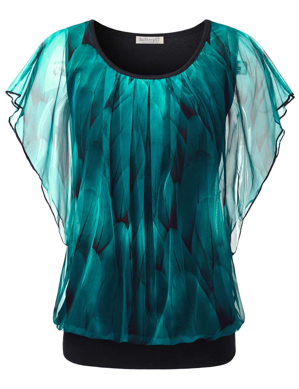 BAISHENGGT Womens Summer Tops Flutter Short Sleeve Pleated Front Mesh Shirts Dressy Casual Blouses