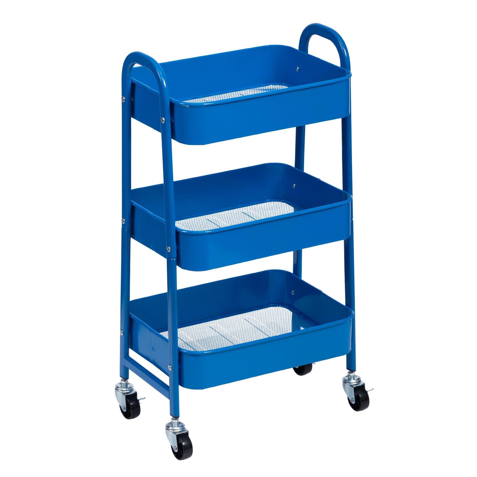 AGTEK 3 Tier Utility Rolling Cart with Lockable Wheels, Metal Multifunctional Storage, Organizer Cart for Kitchen, Office, Living Room, Makeup, Craft, Art Studio, Blue