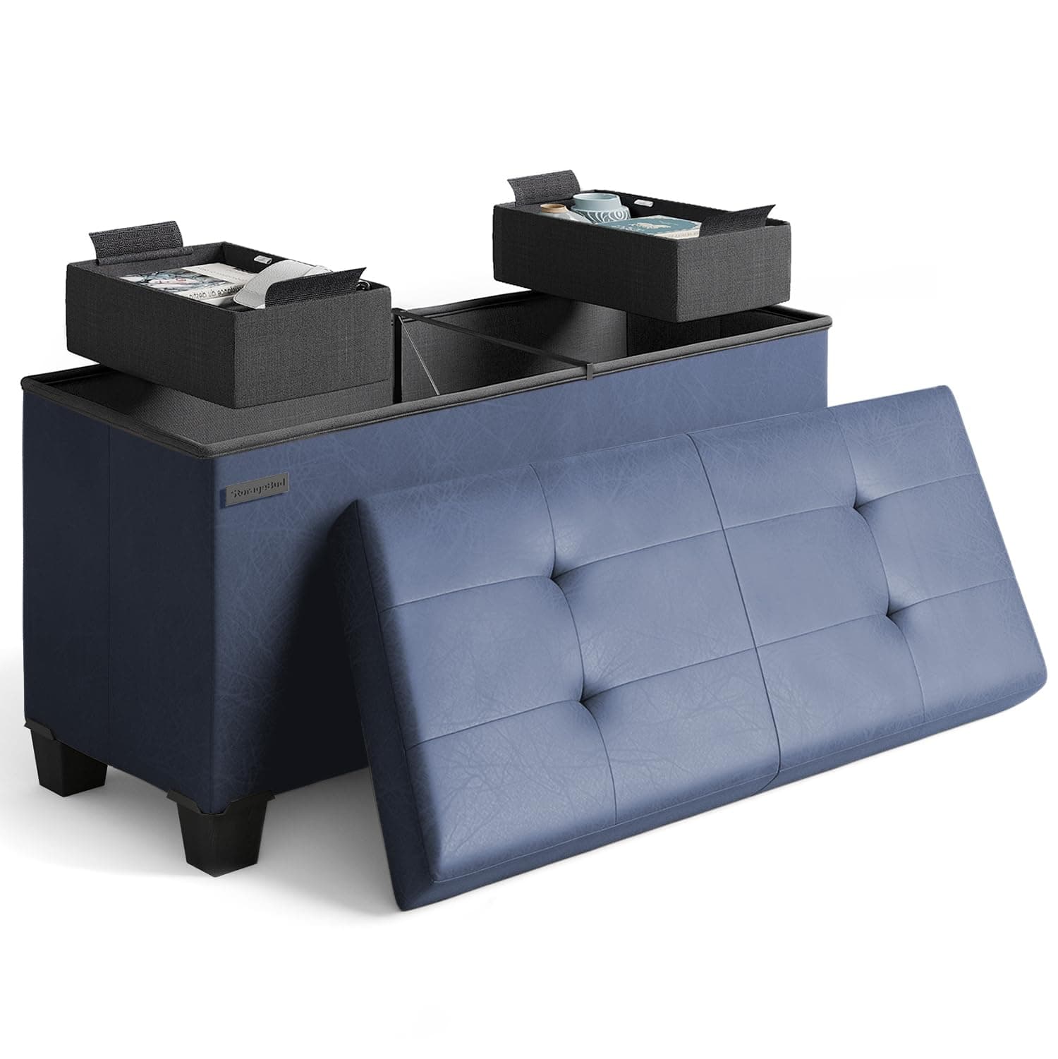 Storage Ottoman Bench with Bins, 30-in Storage Bench for Bedroom End of Bed, Folding Foot Rest Ottoman for Living Room Max 660lbs, Leather Ottomans, Blue
