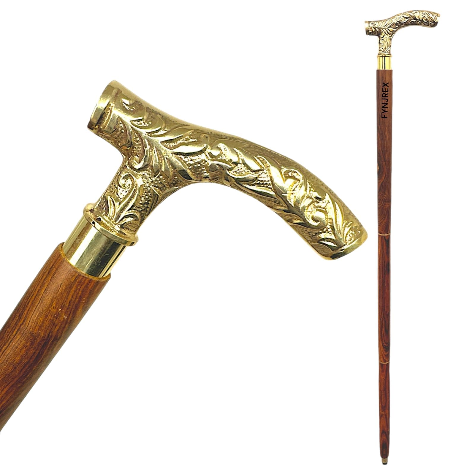 Vintage Walking Cane with Brass Handle, Wooden Stick with T-Shape Derby Handle, Brown and Gold, Fancy Cane Gift for Men and Women