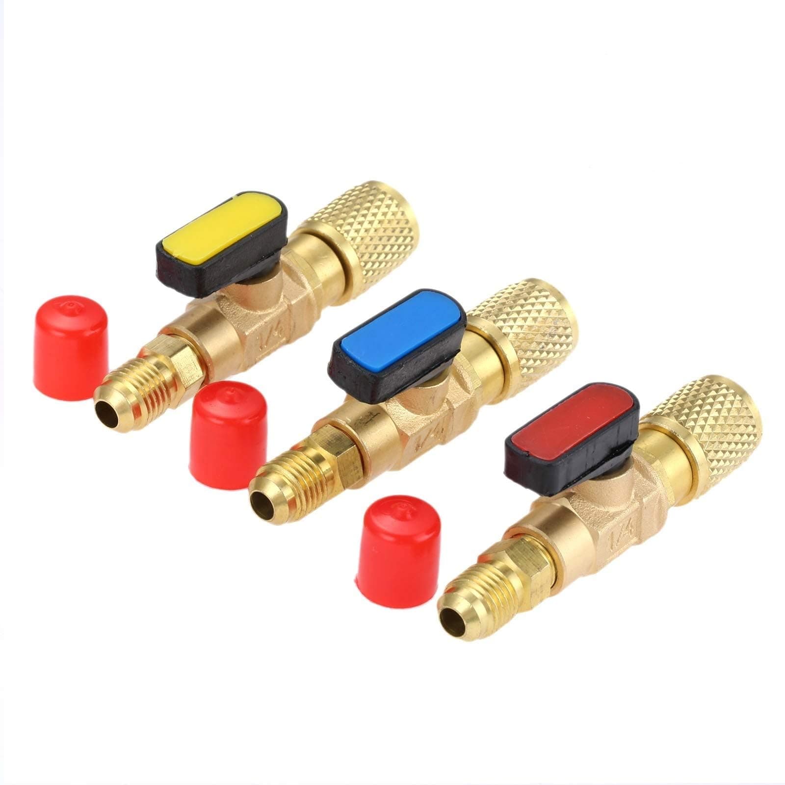 KASTWAVERefrigerant Compact Ball Valve Adapter, 3 Pcs Filling Refrigerant Safety Valve, 1/4" SAE for R410A R134A R12 R22 AC HVAC & R12 R22 to R134A, Fits for R502 Charging Hoses AC Refrigerant