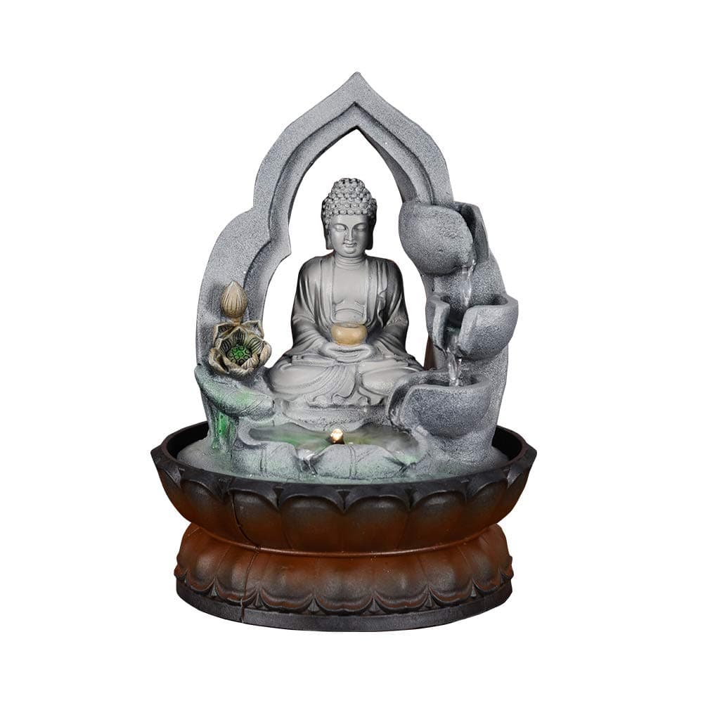 FlyBanboo SunJet Sitting Buddha Fountain Fengshui Indoor Decoration – Zen Meditation Tabletop Decorative Waterfall Kit with Submersible Pump for Office and Home Decor (11" H-Small-Grey)