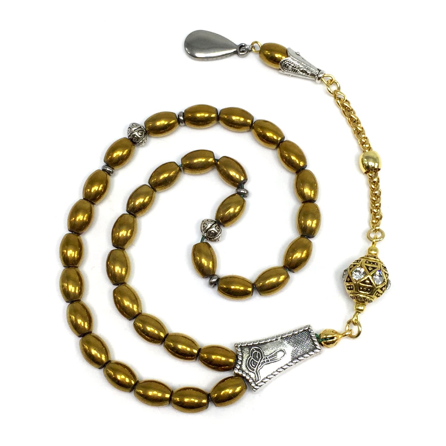 Non-Magnetic Gold Drum Hematite Worry Beads Prayer Beads Tesbih Tasbih Tasbeeh Misbaha Masbaha Subha Sebha Sibha Rosary (6x9 mm- 33 Beads)