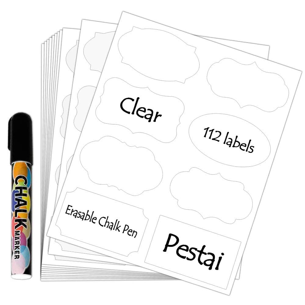 112 Premium Clear PVC Stickers with 1 Free Erasable Liquid Chalk Marker Pens, Removable Waterproof Chalkboard Labels for Labeling Mason Jars, Bottle, Weddings and Organize Your Home, by Pestai.