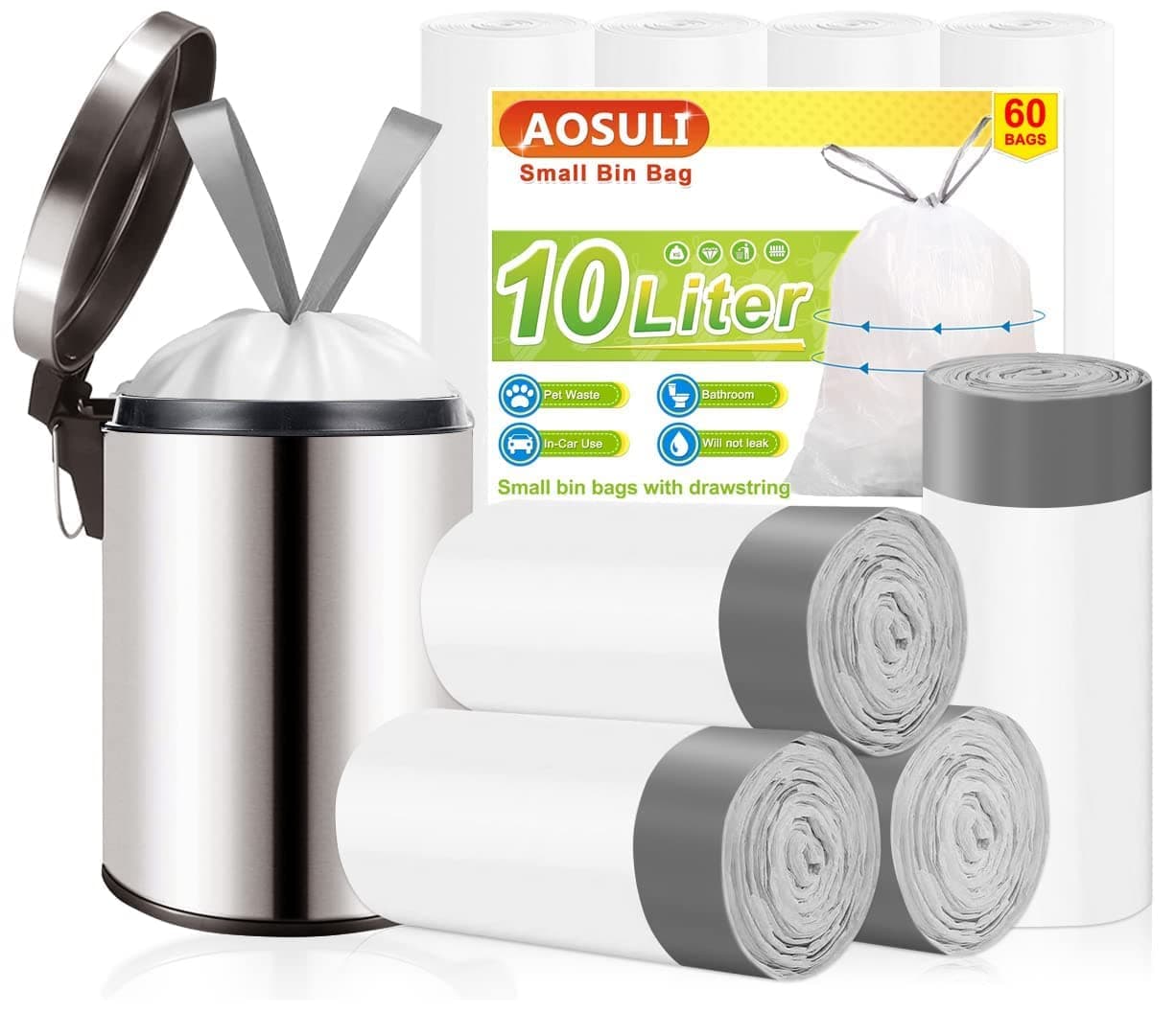 – 10L Bin Liners Drawstring bin bags with Tie Handle,Small Bin Bags for Bathroom pedal Bin,Office Waste Paper Bin(60 Liners, White)