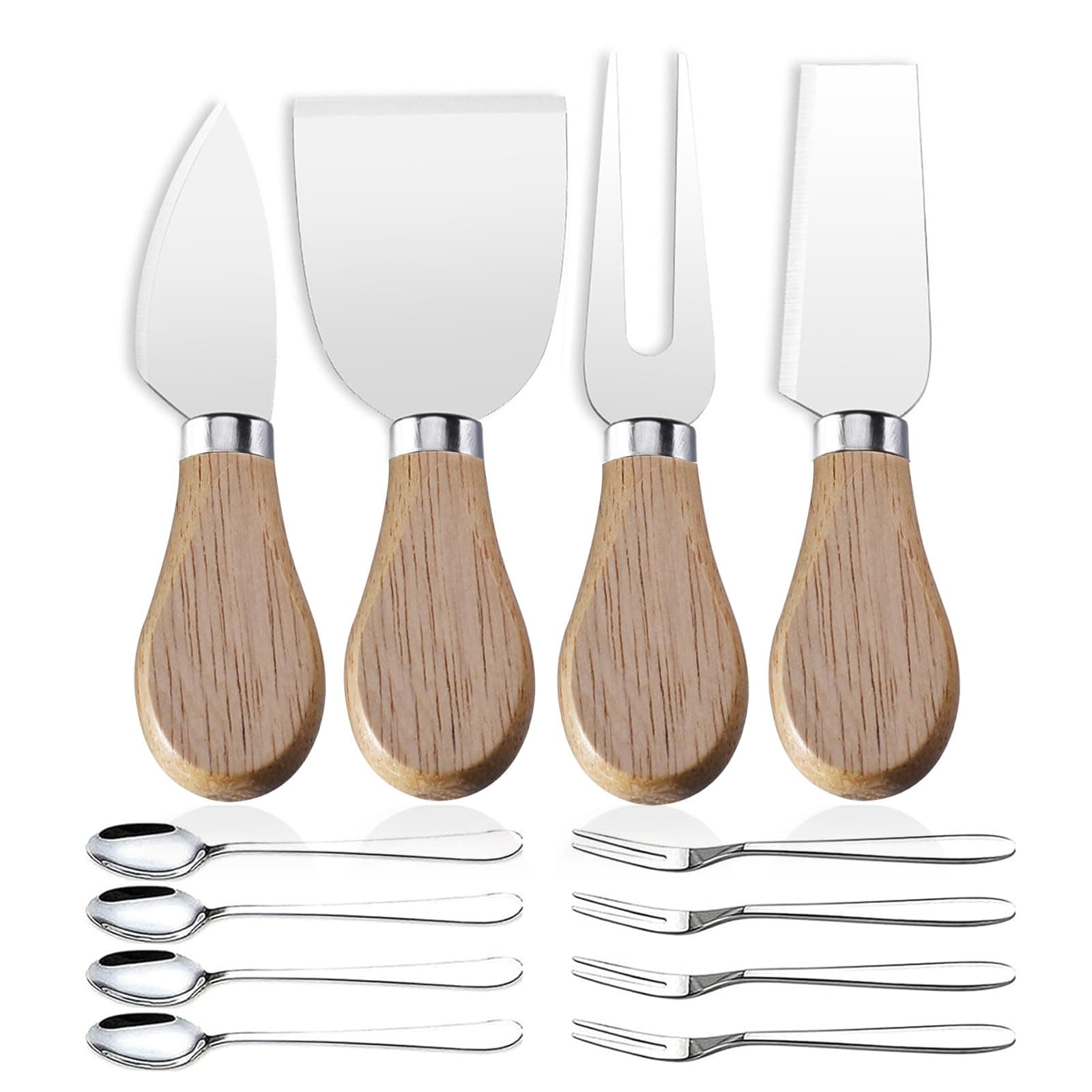 Mini Cheese Knife Set with wood Handle - Stainless Steel Charcuterie Knife Set with 4 Fruit Forks & 4 Small Spoons - Compact Cheese Cutter Set for Charcuterie Boards
