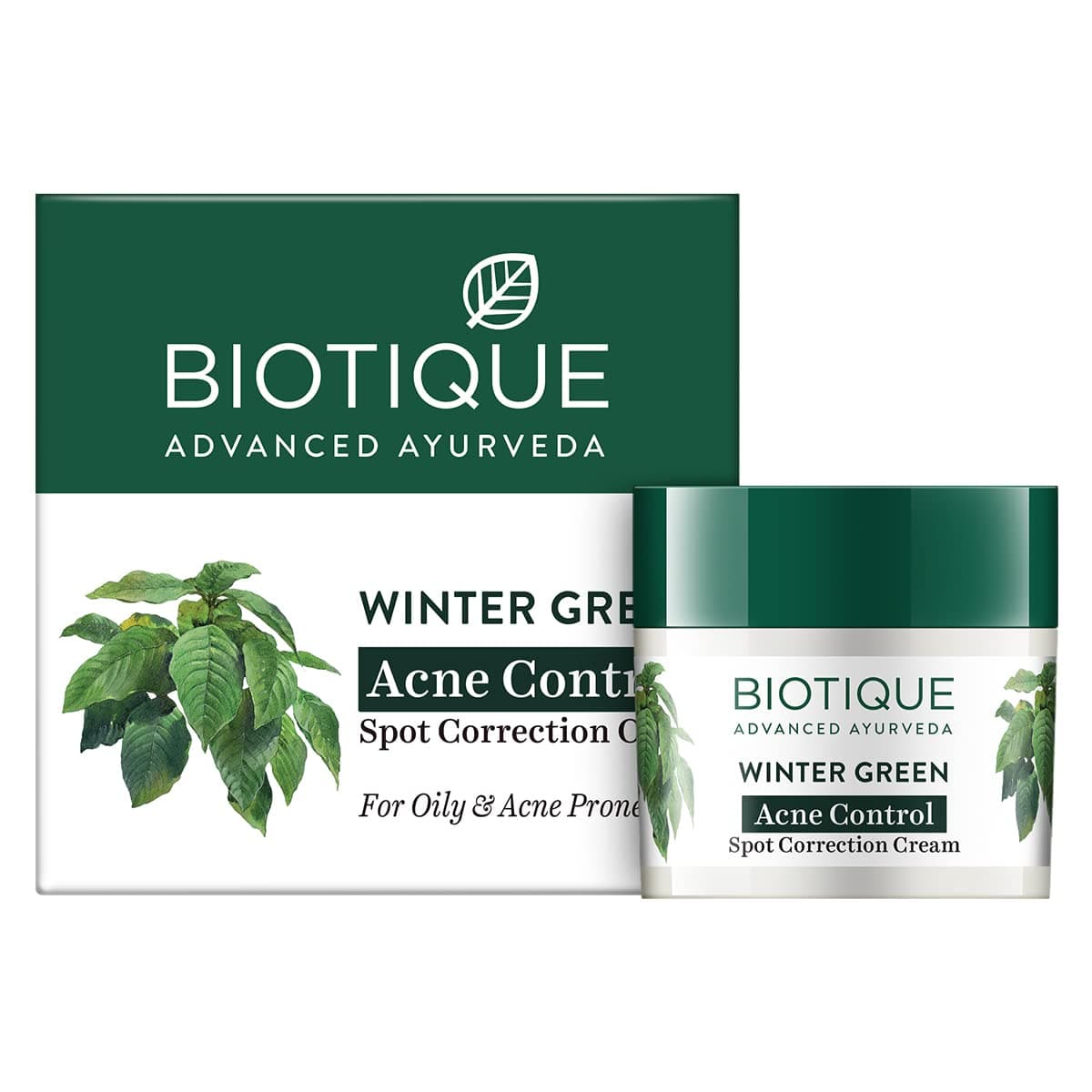 Biotique Bio Winter Green Spot Correcting Anti Acne Cream | Acne Control | Spot Correction Clears Blemishes |Enhances Skin Texture | 100% Botanical Extracts| Suitable for All Skin Types | 15G