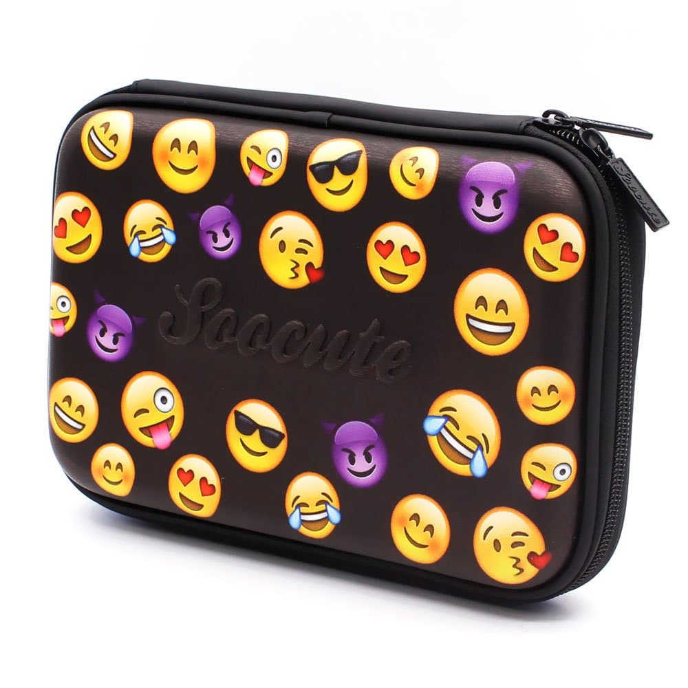 SOOCUTE Black Emoji Big Cute Hardtop Pencil Case Holder - School Girls Boys Women Cool Pencil Box Pen Bag for Kids Children with Compartment