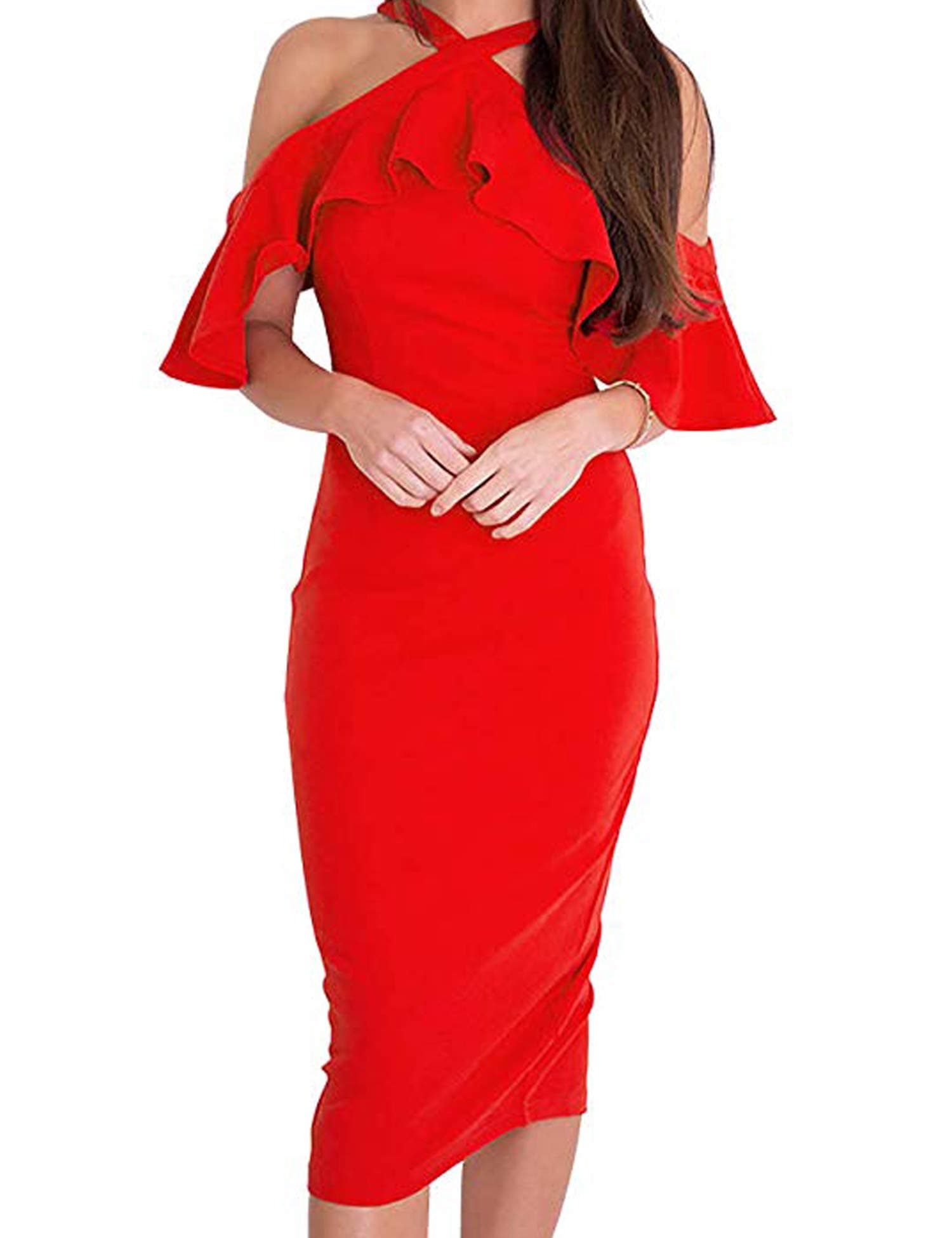 Murimia Womens Dresses Summer Off The Shoulder Ruffle Bodycon Midi Dress Red