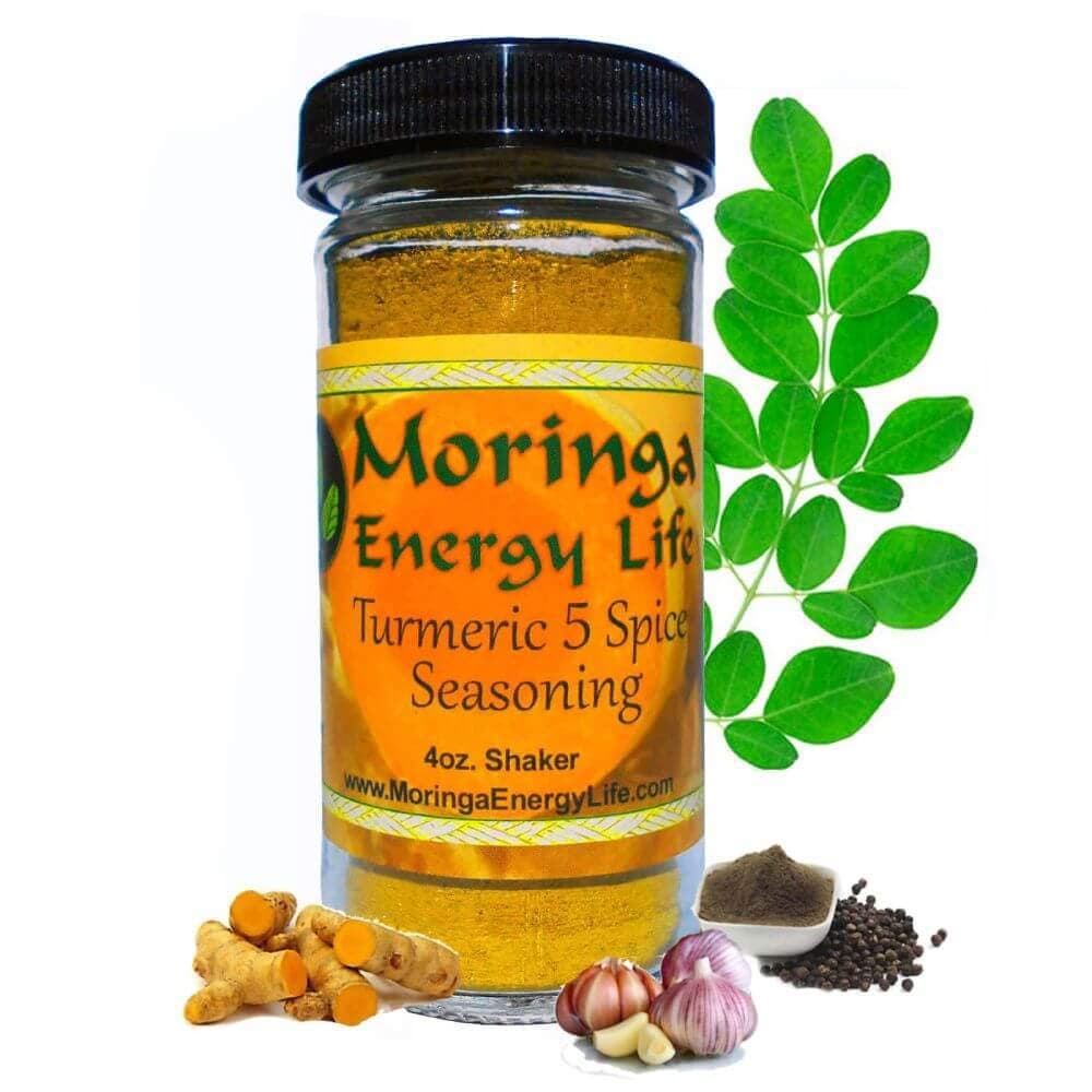Moringa Turmeric 5 Spice Seasoning 4oz Fresh Turmeric Powder, Moringa Leaf Powder, Pink Himalayan Sea Salt, Black Pepper & Garlic. Moringa Shaker, 4 oz