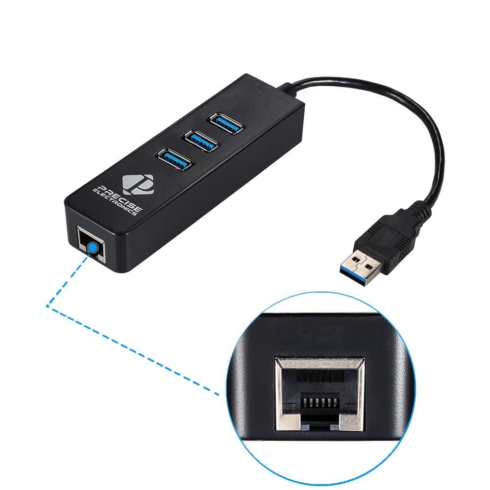Precise Electronics 3-Port USB 3.0 HUB with RJ45 10/100/1000 Gigabit Ethernet Converter for,Desktop/Laptop Computers(WinXP, Vista, Win7/8/10 (32/64 bit), MacBook(Mac OS X 10.6 and Above), Linux)
