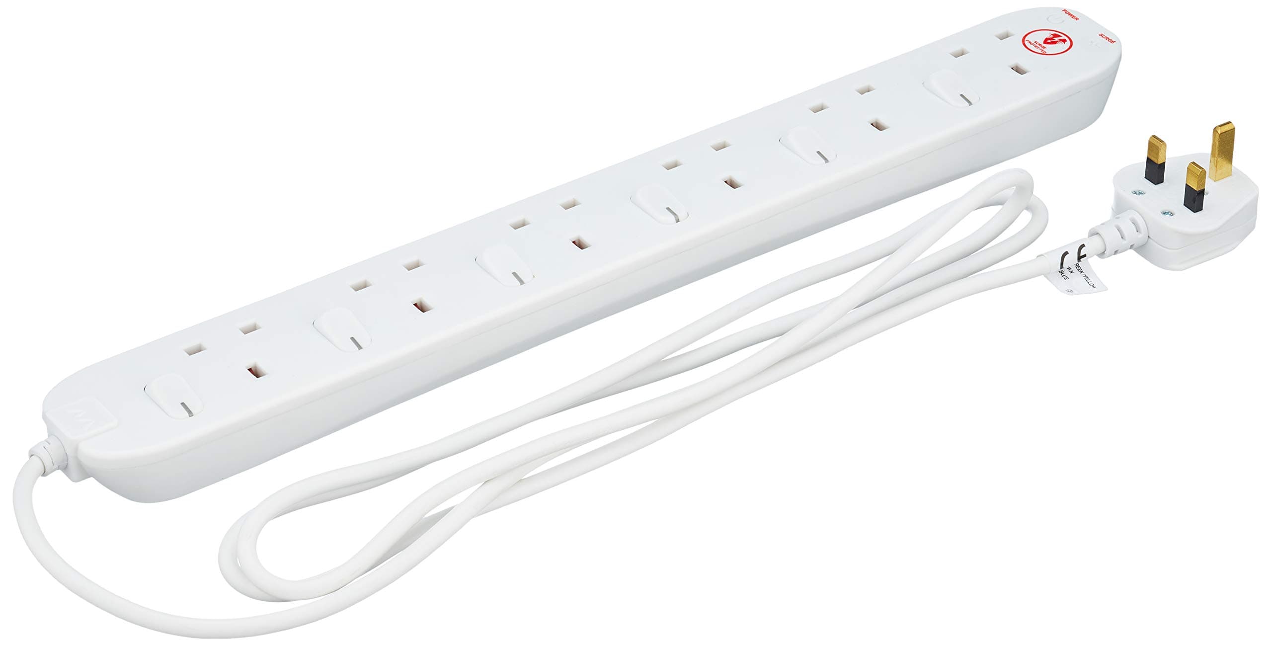 Masterplug Surge Protected 2 m 13 A 6-Gang Surge Protected Extension Lead with Individually Switched Sockets - White