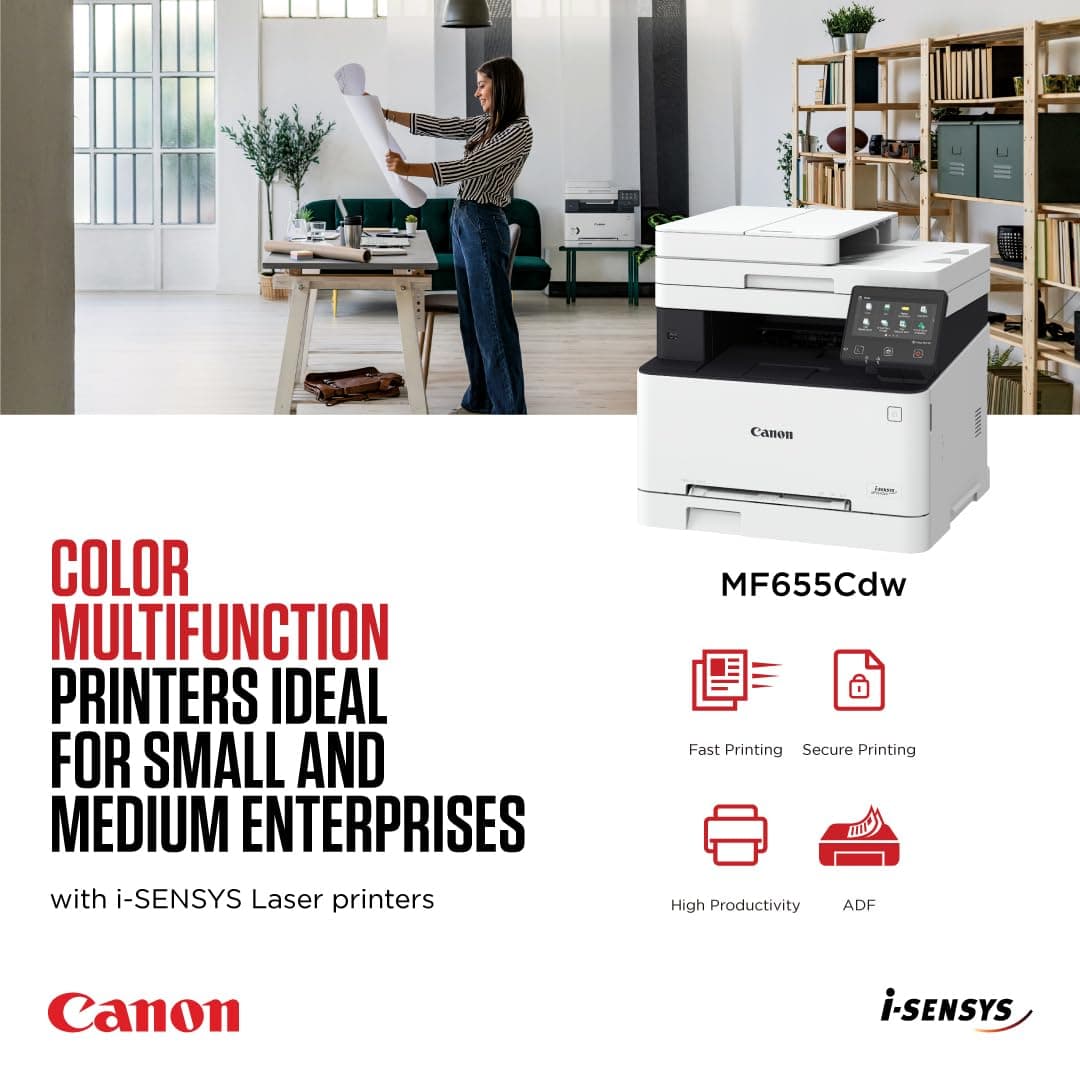 Canon i-SENSYS MF655Cdw Wireless Colour Multifunction Laser Printer - A4, Print, Copy, Scan - 21 ppm print speed, LCD Touch Screen - Wi-Fi Connectivity, Scan to Cloud - Office Printer