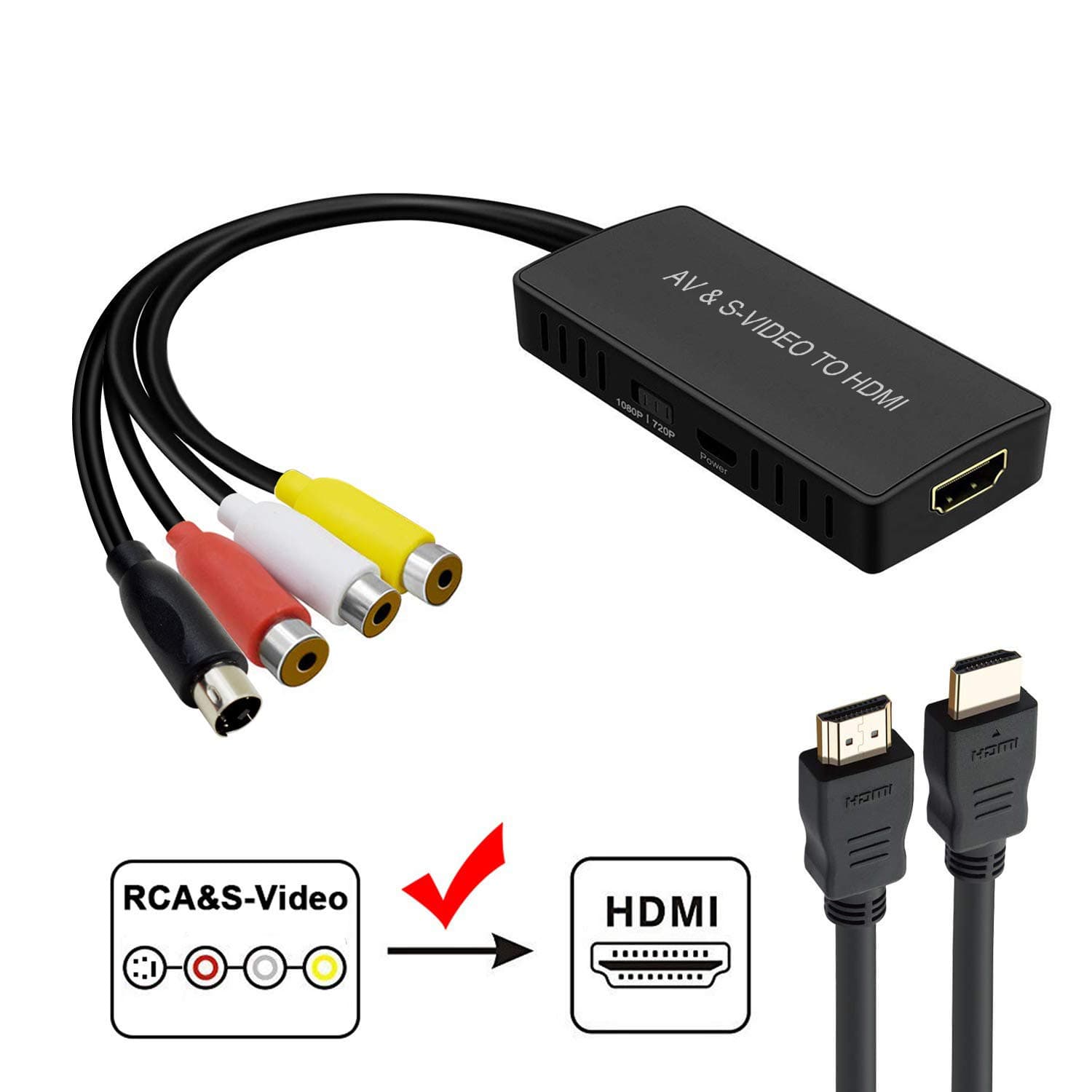 Svideo to HDMI Converter, RCA to HDMI Converter, S Video to HDMI Adapter Support 1080P, PAL/NTSC Compatible with WII, WII U, PS one, PS2, PS3, STB, Xbox, VHS, VCR, Blue-Ray DVD Players
