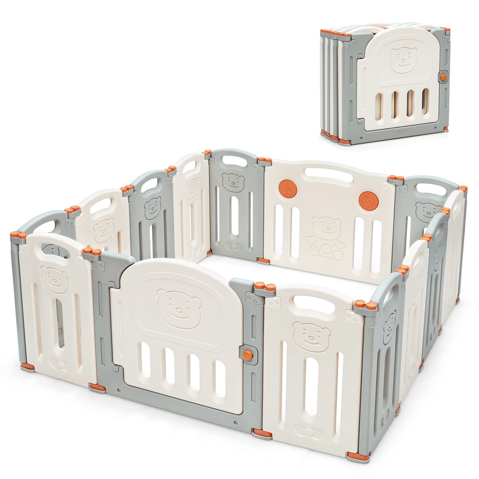 Baby Playpen, 14-Panel Foldable Large Baby Playard w/Locking Gate, Non-Slip Rubber Bases, Adjustable Shape, Portable Baby Fence Play Area Design for Indoor Outdoor Use (Beige + Gray)