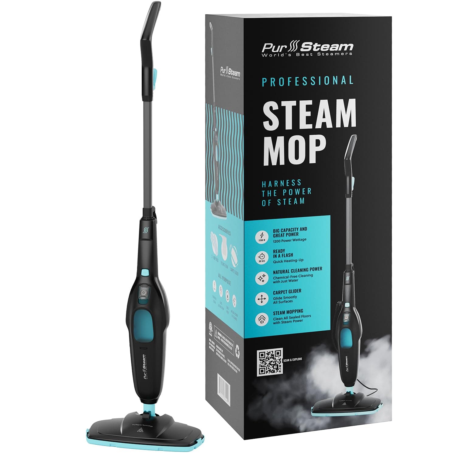 PurSteam Professional Steam Mop | Multi-Surface Floor Cleaner for Hardwood, Tile, Laminate & Carpet | Fast Heating, Lightweight & Chemical-Free Cleaning