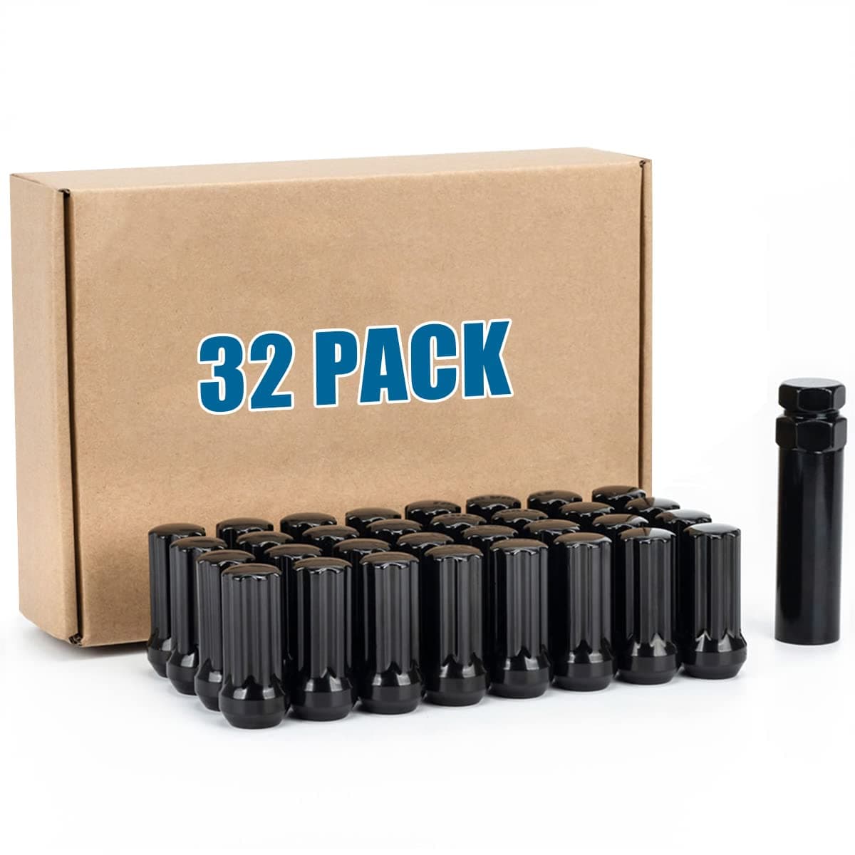 JiiinMiiin 32pcs M14x2.0 Lug Nuts Black with 7 Spline Tuner, 14x2 Locking Lugnut 2 inch Length with 1 Socket Key, 60 Degree Conical/Cone Bulge Seat Closed End