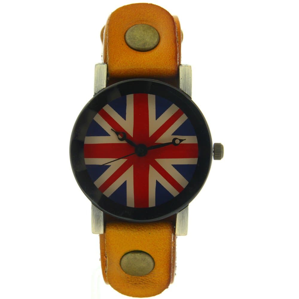 CLW UK Flag Women Girls Ladies Cow Leather Yellow Strap Britain Flag Quartz Watch