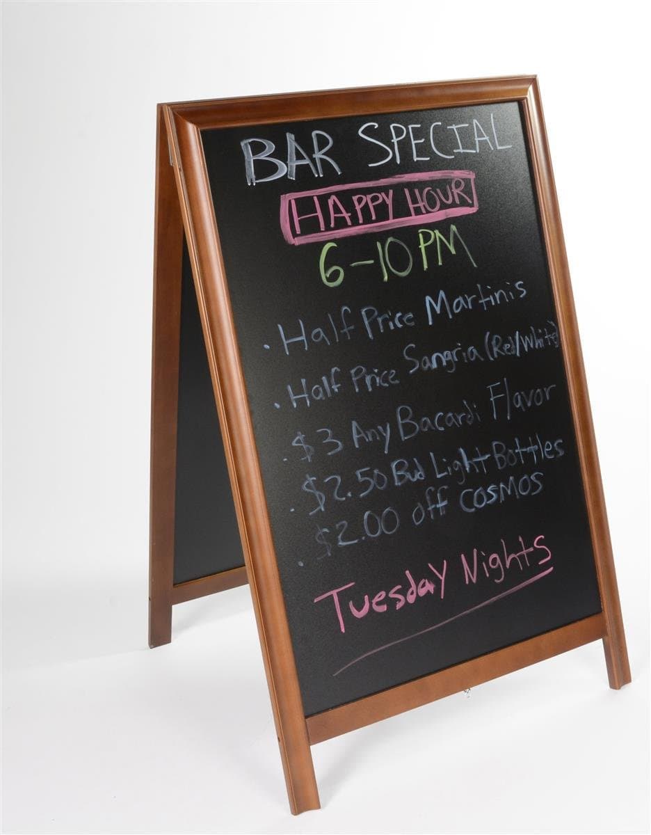 Write-on Sandwich Board for Wet and Dry-Erase Markers, Two-Sided A-Frame Sidewalk Sign with Two 24 x 36 Inch Black Boards, Dark Brown Wood Frame